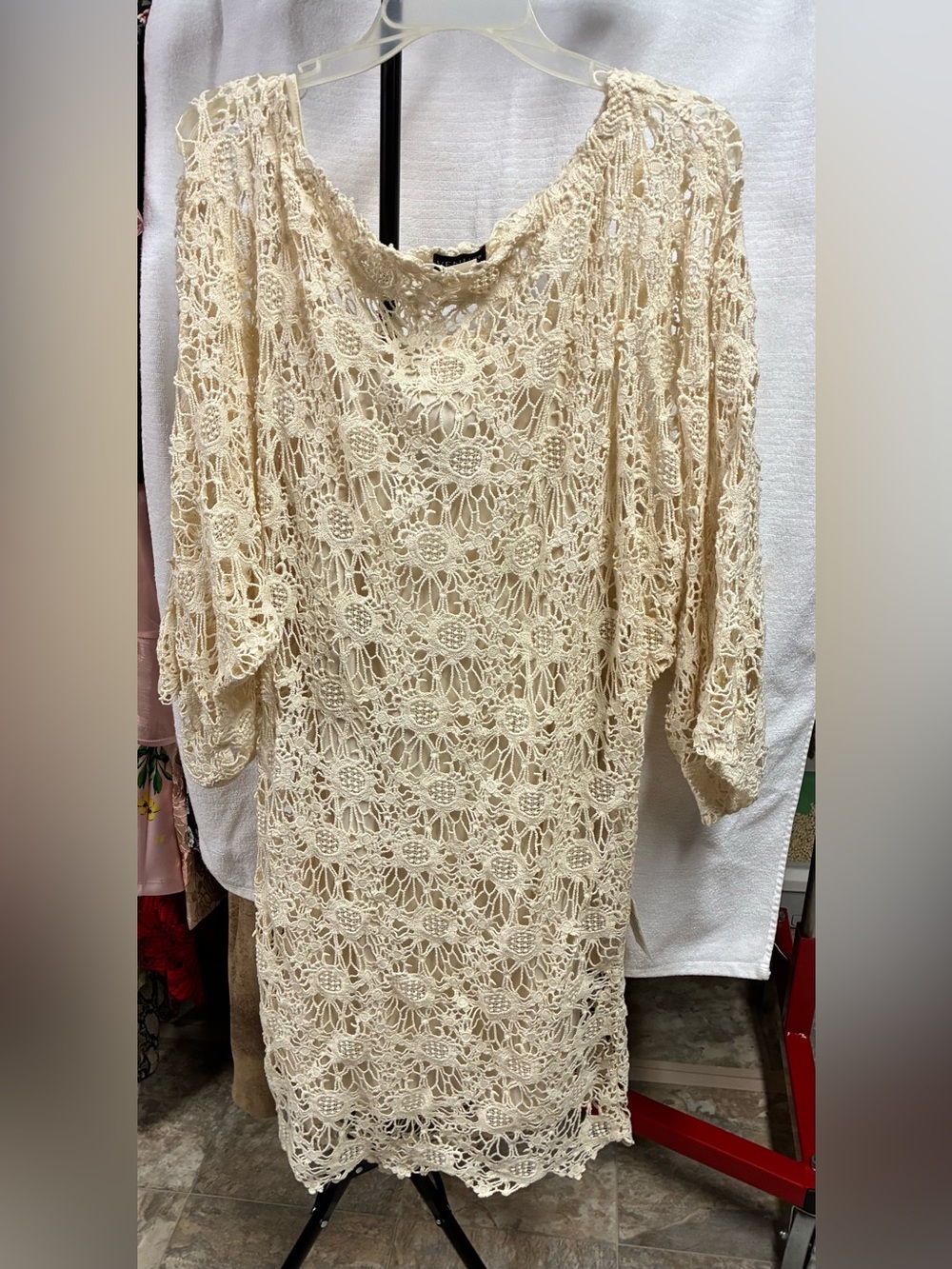 Crochet cream lace dress with spaghetti strap cream slip dress liner NWT
